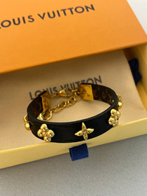 Louis Vuitton LV letter flower black leather gold rivet chain fine leather bracelet bracelet-3660  